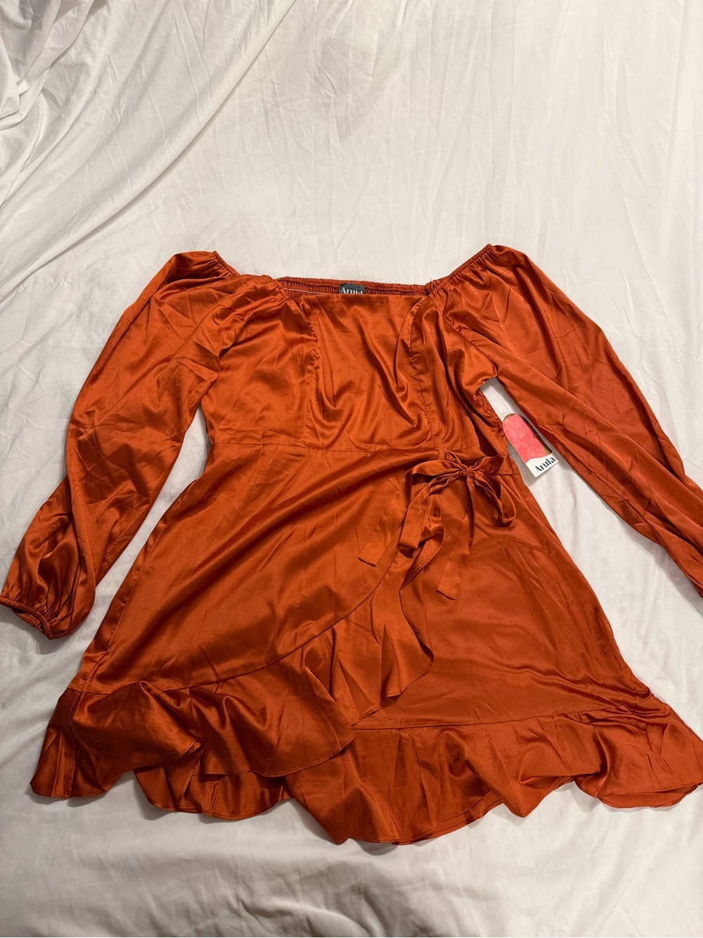 Altar’d State Arula Rust Orange Satin Faux Wrap Mini Dress